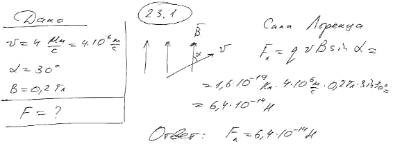Определить силу Лоренца F, действующую на электрон, влетевший со скоростью v=4 Мм/с в однородное магнитное поле под углом α=30° к линиям индукции