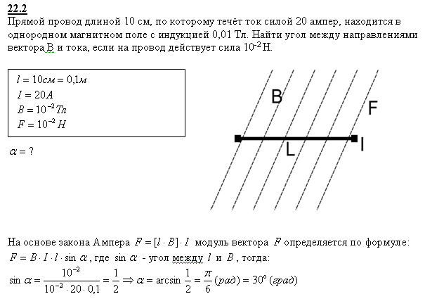 Прямой провод длиной l=10 см, по которому течет ток I=20 A, находится в однородном магнитном поле с индукцией В=0,01 Тл. Найти угол α между направлениями