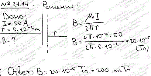 По прямому бесконечно длинному проводнику течет ток I=50 A. Определить магнитную индукцию В в точке, удаленной на расстояние r=5 см от прово