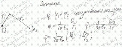 Определить потенциал φ электрического поля в точке, удаленной от зарядов Q1=-0,2 мкКл и Q2=0,5 мкКл соответственно на r1=15 см и r2=25 см. Определить
