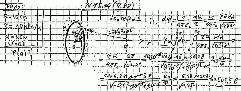 По тонкому кольцу радиусом R=10 см равномерно распределен заряд с линейной плотностью τ=10 нКл/м. Определить потенциал φ в точке, лежащей на