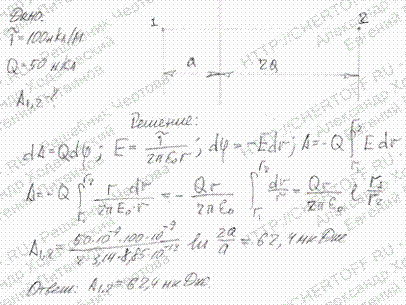 Бесконечная прямая нить несет равномерно распределенный заряд т=0,1 мкКл/м). Определить работу A1,2 сил поля по перемещению заряда Q=50 нКл из