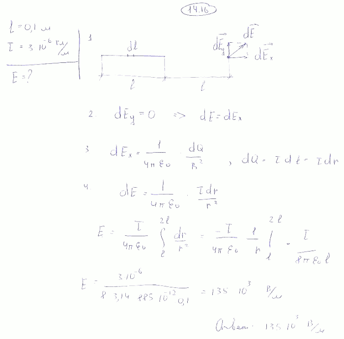 На отрезке тонкого прямого проводника длиной ℓ=10 см равномерно распределен заряд с линейной плотностью τ=3 мкКл/м. Вычислить напряженность E