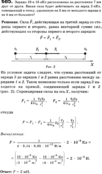 Заряды 10 и 16 нКл расположены на расстоянии 7 мм друг от друга. Какая сила будет действовать на заряд 2 нКл, помещенный в точку, удаленную на