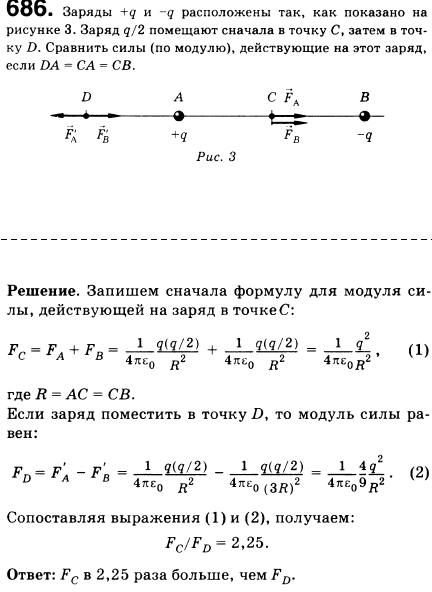 Заряды +q и-q расположены так, как показано на рисунке 73. Заряд q помещают сначала в точку С, а затем в точку D. Сравнить силы по модулю, действующие