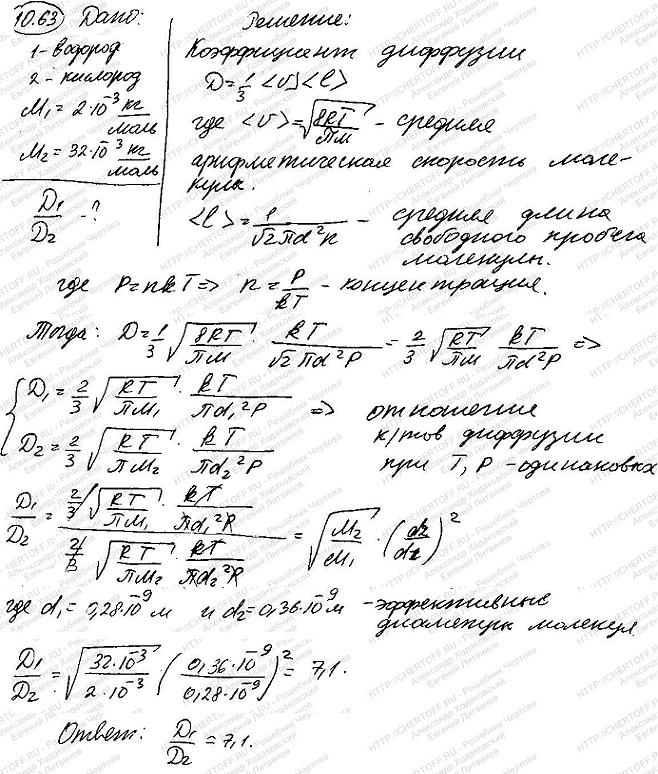 Определить, во сколько раз отличается диффузия D, газообразного водорода от диффузии D2 газообразного кислорода, если оба газа находятся при