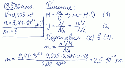 В сосуде вместимостью V=5 л находится кислород, концентрация n молекул которого равна 9,41*10^23 м-3. Определить массу m газа.
