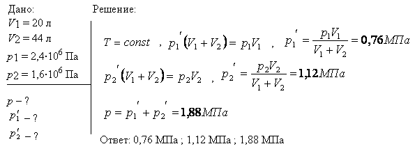 В баллонах вместимостью V1=20 л и V2=44 л содержится газ. Давление в первом баллоне p1=2,4 МПа, во втором-p2=1,6 МПа. Определить общее давление