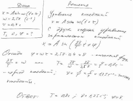 Определить период T, частоту ν и начальную фазу φ колебаний, заданных уравнением x=A sin ω t+τ, где ω=2,5π с^-1, τ=0,4 c.