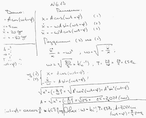 Колебания точки происходят по закону x=A cos ωt+φ). В некоторый момент времени смещение x точки равно 5 см, ее скорость v=20 см/с и ускорение