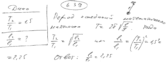 Найти отношение длин двух математических маятников, если отношение периодов их колебаний равно 1,5.