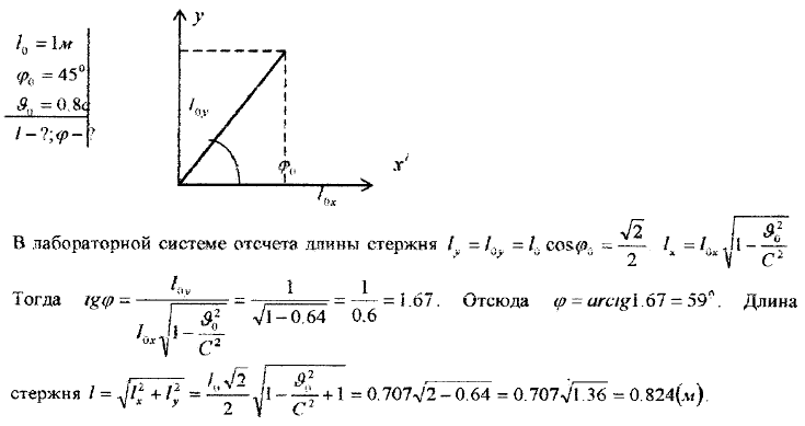 В системе К\' покоится стержень, собственная длина l0 которого равна 1 м. Стержень расположен так, что составляет угол φ0=45° с осью х\'. Определить