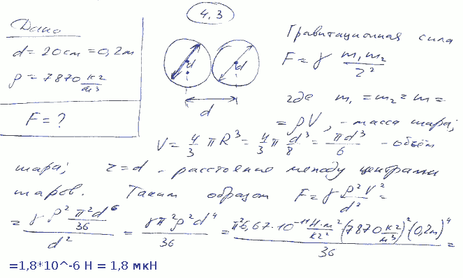 Определить силу F взаимного притяжения двух соприкасающихся железных шаров диаметром d=20 см каждый.