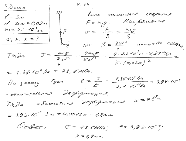 К стальному стержню длиной l=3 м и диаметром d=2 см подвешен груз массой m=2,5*10^3 кг. Определить напряжение σ в стержне, относительное ε и