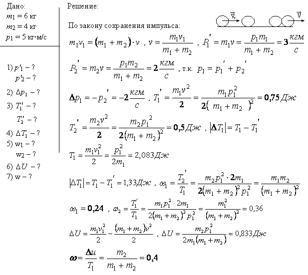 Шар массой m1=6 кг налетает на другой покоящийся шар массой m2=4 кг. Импульс p1 первого шара равен 5 кг*м/с. Удар шаров прямой, неупругий. Определить