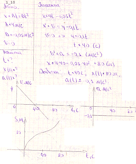Движение материальной точки задано уравнением x=At+Bt^2, где А=4 м/с, В=-0,05 м/с2. Определить момент времени, в который скорость v точки равна
