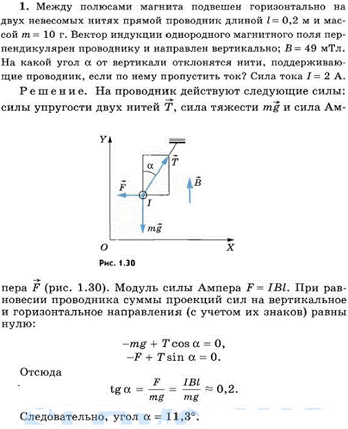 Между полюсами магнита подвешен горизонтально на двух невесомых нитях прямой проводник длиной l=0,2 м и массой m=10 г. Вектор индукции однородного