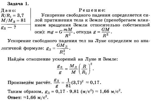 Упражнение 7.1. Радиус Луны R1 примерно в 3,7 раза меньше, чем радиус Земли R, а масса Луны m в 81 раз меньше массы Земли M. Определите ускорение