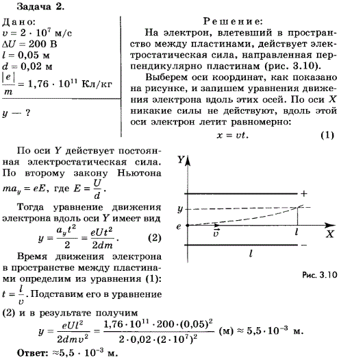 Упражнение 18.2. В пространство между пластинами плоского конденсатора влетает электрон со скоростью 2*10^7 м/с, направленной параллельно пластинам