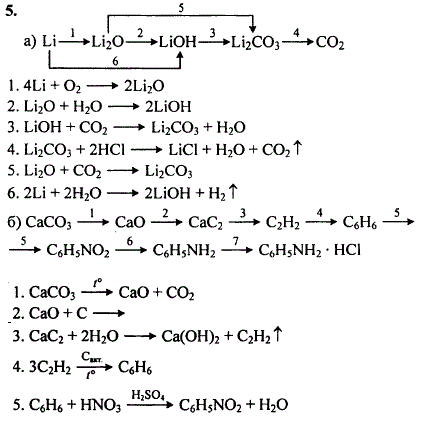 Запишите уравнения реакций, с помощью которых можно осуществить следующие превращения: а) Li-Li2O-LiOH-Li2CO3-CO2; б) CaCO3-CaO-CaC2-C2H2-C6