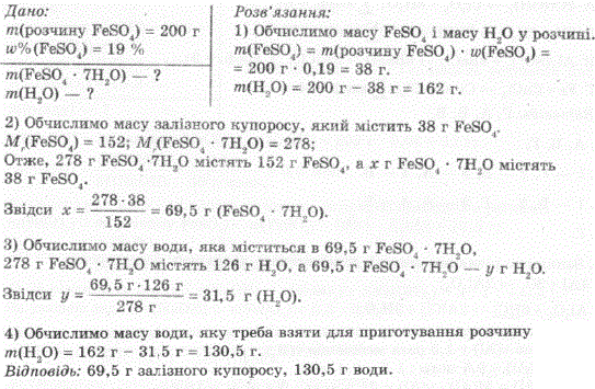 Обчисліть масу залізного купоросу й об\'єм води, необхідні для приготування розчину ферум ІІ сульфату масою 200 г з масовою часткою розчиненої