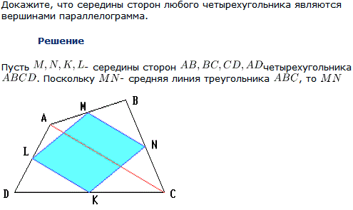 Теорема Вариньона Докажите, что середины сторон любого четырехугольника являются вершинами параллелограмма.