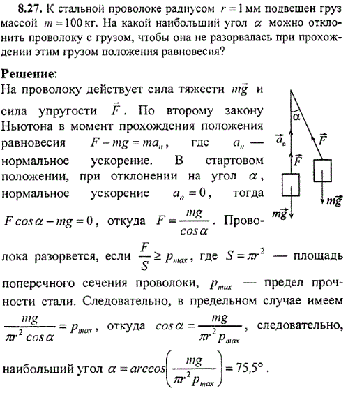 К стальной проволоке радиусом r=1 мм подвешен груз массой m=100 кг. На какой наибольший угол α можно отклонить проволоку с грузом, чтобы она