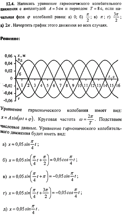 Написать уравнение гармонического колебательного движения с амплитудой A=5 см и периодом Т=8 c, если начальная фаза φ колебаний равна: а) 0