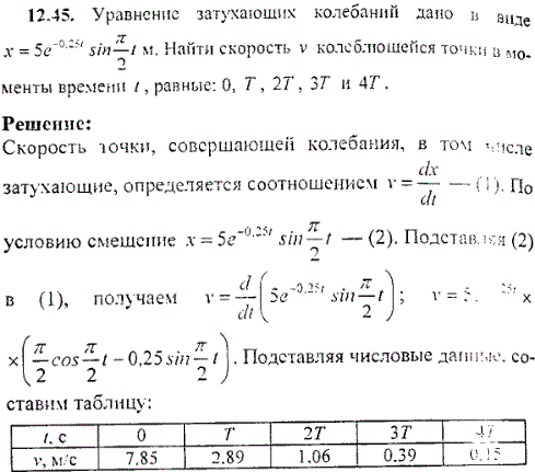 Уравнение затухающих колебаний дано в виде x=5e^-0,25t · sin π/2t м. Найти скорость v колеблющейся точки в моменты времени t, равные: 0, T, 2