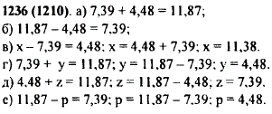 Зная, что 11,87-7,39=4,48, найдите значение выражения или решите уравнение: а) 7,39 + 4,48; б) 11,87-4,48; в) х-7,39=4,48; г) 7,39 + у=11,87