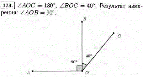 Постройте угол А OC, равный 130°. Проведите внутри угла AOC луч OB так, чтобы BOC=40°. Измерьте угол AOB.