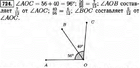 Внутри угла AOC проведен луч OB так, что AOB==56° и BOC=40°. Какую часть угла AOC составляет угол AOB; угол BOC? Выполните построение этих углов