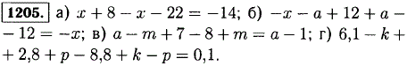 Упростите выражение: а) x + 8-x-22; б)-x-a + 12 + a-12; в) a-m + 7-8+m; г) 6,1-k + 2,8 + p-8,8 + k-p.