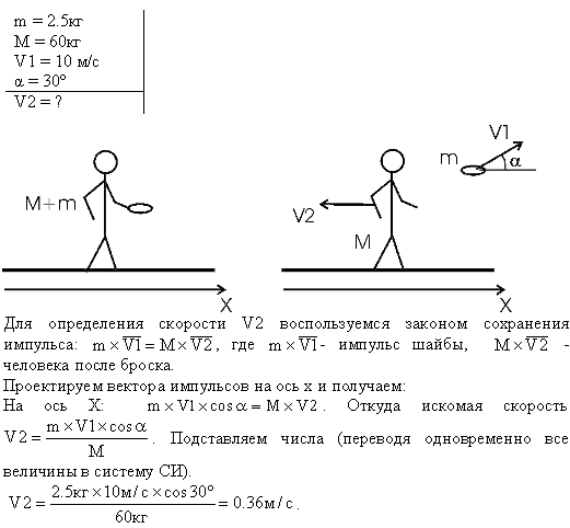 Конькобежец, стоя на коньках на льду, бросает камень массой m1=2,5 кг под углом α=30° к горизонту со скоростью v=10 м/с. Какова будет начальная