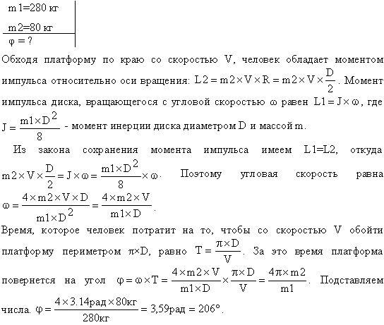 Платформа, имеющая форму диска, может вращаться около вертикальной оси. На краю платформы стоит человек. На какой угол φ повернется платформа