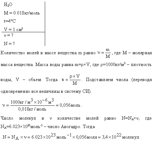 Вода при температуре t=4° C занимает объем V=1 см^3. Определить количество вещества ν и число N молекул воды.