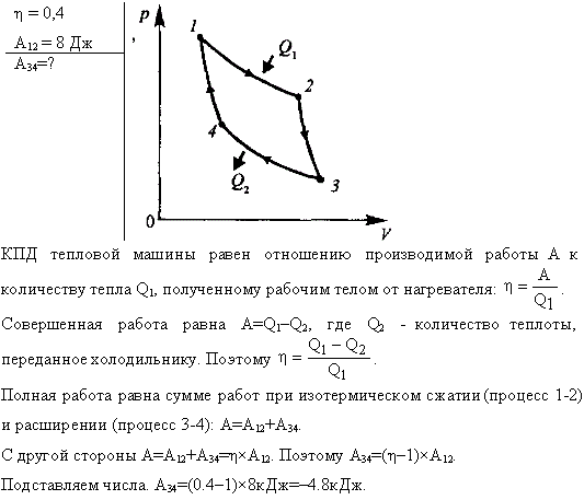 Определить работу A2 изотермического сжатия газа, совершающего цикл Карно, КПД которого η=0,4, если работа изотермического расширения равна A1=8