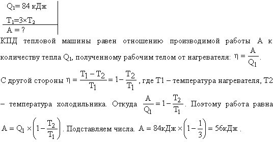 Газ, совершающий цикл Карно, получает теплоту Q1=84 кДж. Определить работу A газа, если температура T1 теплоотдатчика в три раза выше температуры