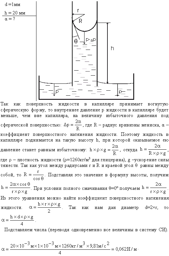 Глицерин поднялся в капиллярной трубке с диаметром канала d=1 мм на высоту h=20 мм. Определить поверхностное натяжение α глицерина. Считать смачивание