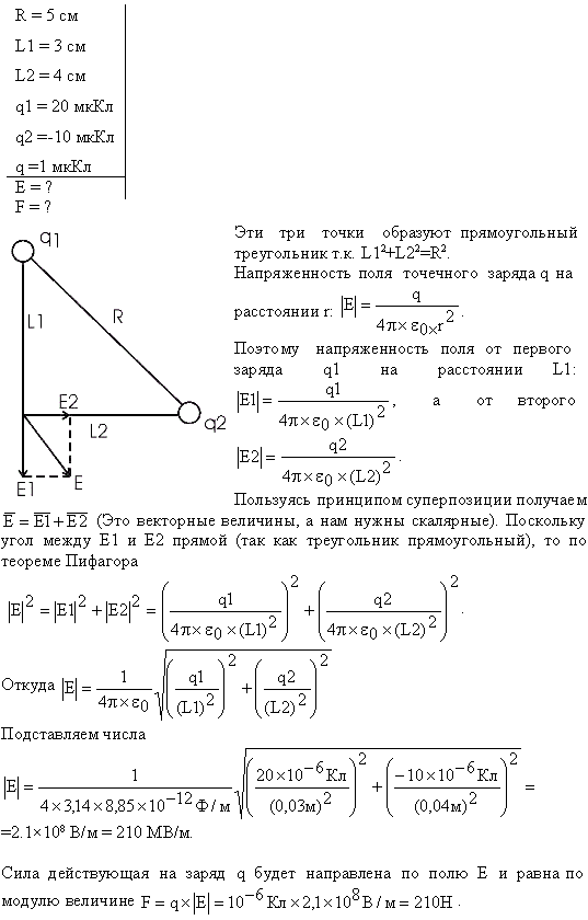 Точечные заряды Q1=20 мкКл и Q2=-10 мкКл находятся на расстоянии d=5 см друг от друга. Определить напряженность поля в точке, удаленной на r1=3