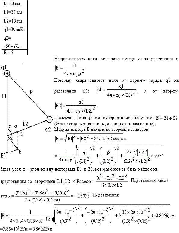 Точечные заряды Q1=30 мкКл и Q2=-20 мкКл находятся на расстоянии d=20 см друг от друга. Определить напряженность электрического поля E в точке