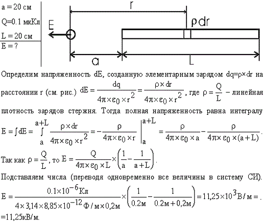 Тонкий стержень длиной l=20 см несет равномерно распределенный заряд τ=0,1 мкКл. Определить напряженность E электрического поля, создаваемого