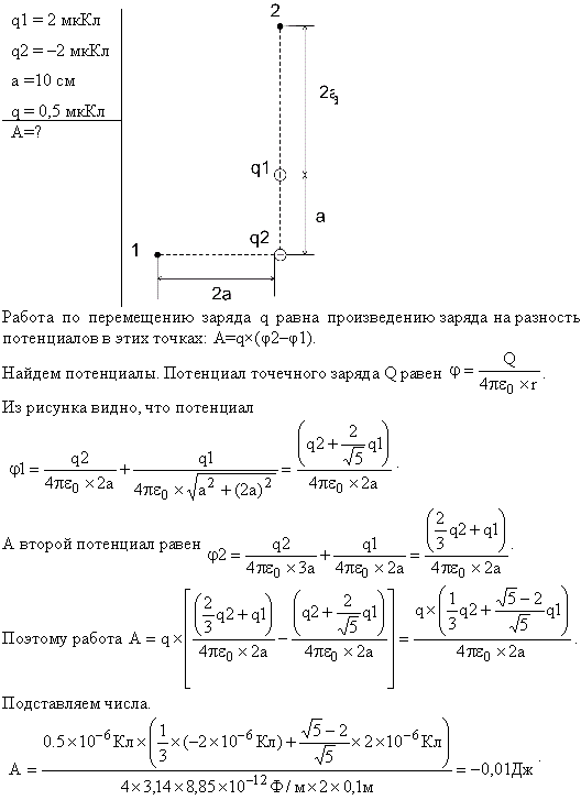 Электрическое поле создано зарядами Q1=2 мкКл и Q2=-2 мкКл, находящимися на расстоянии a=10 см друг от друга. Определить работу сил поля, совершаемую