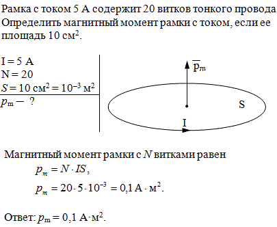 Рамка с током I=5 А содержит N=20 витков тонкого провода. Определить магнитный момент pm рамки с током, если ее площадь S=10 см^2.