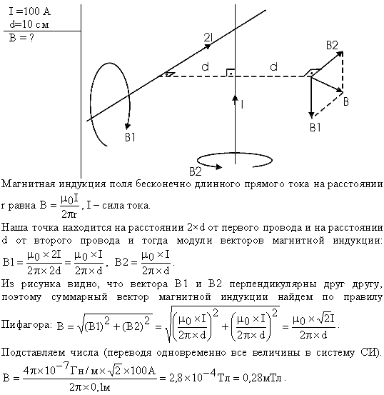 По двум скрещенным под прямым углом бесконечно длинным проводам текут токи I и 2I I=100 А). Определить магнитную индукцию B в точке A (рис. 51