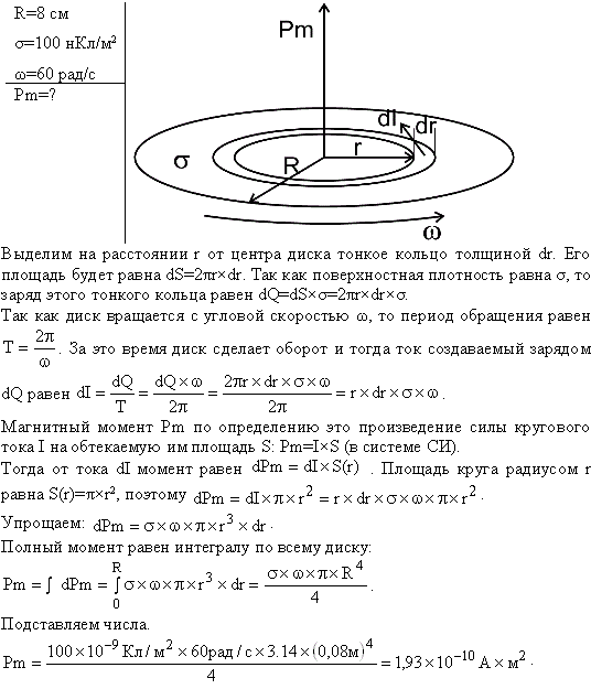 Диск радиусом R=8 см несет равномерно распределенный по поверхности заряд σ=100 нКл/м^2 . Определить магнитный момент pm, обусловленный вращением