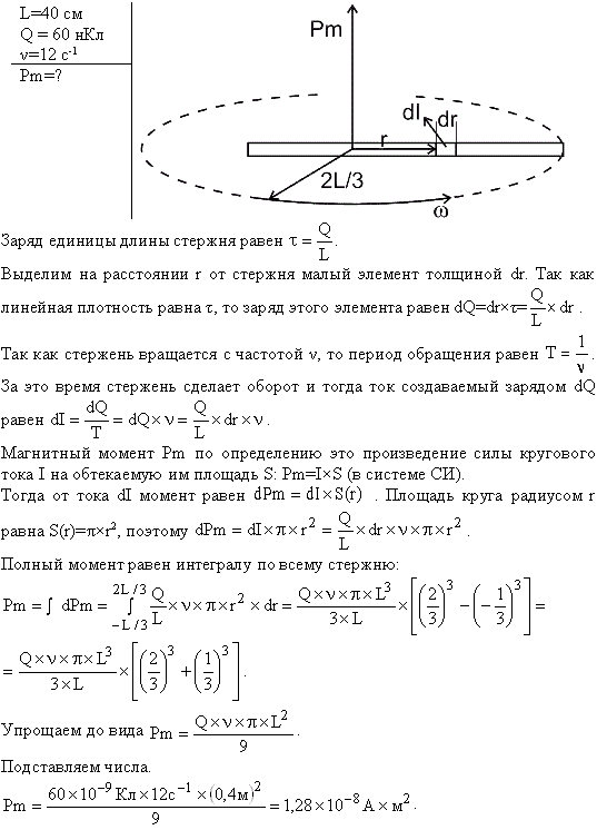 По тонкому стержню длиной l=40 см равномерно распределен заряд Q=60 нКл. Стержень вращается с частотой n=12 с^-1 относительно оси, перпендикулярной