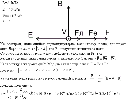 Однородные магнитное B=2,5 мТл) и электрическое (E=10 кВ/м поля скрещены под прямым углом. Электрон, скорость v которого равна 4*10^6 м/с, влетает