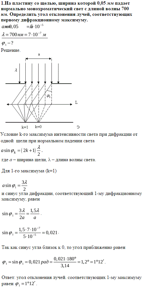 На пластину с щелью, ширина которой a=0,05 мм, падает нормально монохроматический свет с длиной волны λ=0,7 мкм Определить угол φ отклонения