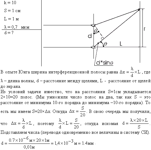 Расстояние L от щелей до экрана в опыте Юнга равно 1 м. Определить расстояние между щелями, если на отрезке длиной l=1 см укладывается N=10 темных